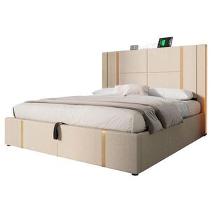 Redom ČALOUNĚNÁ postel 180/200 cm s LED osvětlením, USB a Typ-C nabíjením, úložným prostorem a lamelovým roštem, Béžová obraz