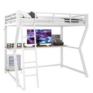 Modfu PATROVÁ postel z kovu a MDF 90x200 cm bílá s LED osvětlením, psacím stolem, zásuvkou a USB obraz