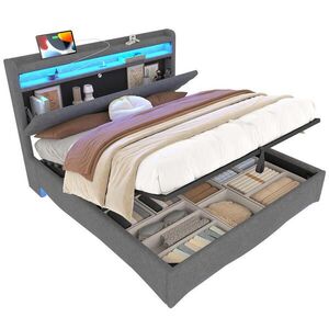 Modfu ČALOUNĚNÁ postel z lněné tkaniny 140x200 cm béžová s LED osvětlením, USB-C, hydraulickým úložným prostorem a policí obraz
