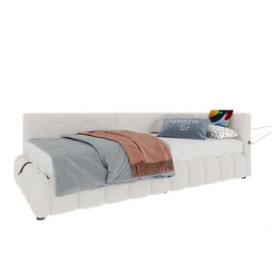 Modfu DENNÍ postel 90x200 cm bílá z měkkého čalounění a MDF s hydraulickým úložným prostorem, USB a USB-C portem, LED lištou obraz