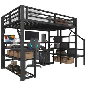 Modfu PATROVÁ postel z kovu a MDF 140x200 cm černá s LED osvětlením, USB portem, psacím stolem a úložným prostorem obraz