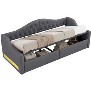 Modfu ČALOUNĚNÁ postel z MDF a překližky 90x200 cm šedá s LED osvětlením a úložným prostorem obraz