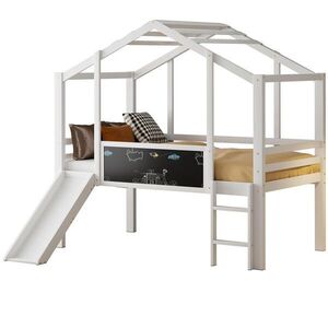 Modfu DĚTSKÁ vyvýšená postel z masivního dřeva 90x200 cm bílá se skluzavkou, žebříkem a tabulí v domečkovém designu obraz