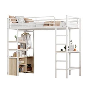 Modfu PATROVÁ postel z kovu a MDF 90x200 cm bílá s psacím stolem, USB, zásuvkou, regály a otevřeným úložným prostorem obraz