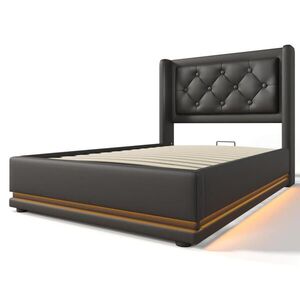 Modfu ČALOUNĚNÁ postel z PU 90x200 cm černá s hydraulickým úložným prostorem, LED osvětlením a USB/USB-C nabíjením obraz