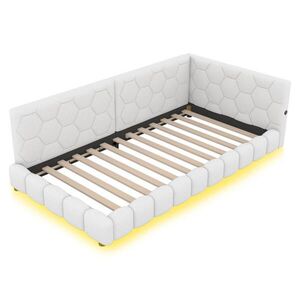 Modfu DENNÍ postel z MDF a imitace rouna 90x200 cm bílá s LED podsvícením, USB a USB-C portem obraz
