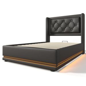 Modfu ČALOUNĚNÁ postel z PU 90x200 cm černá s hydraulickým úložným prostorem, LED osvětlením a USB/USB-C nabíjením obraz