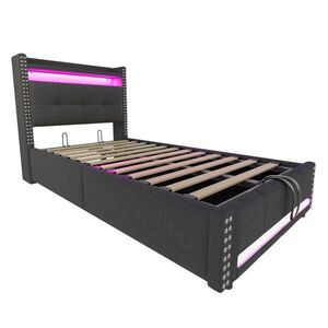 Modfu ČALOUNĚNÁ postel z lněné látky 90x200 cm šedá s LED osvětlením, USB a úložným prostorem obraz