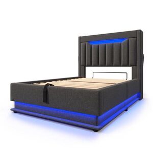 Modfu ČALOUNĚNÁ postel z lněné tkaniny 90x200 cm šedá s LED osvětlením, USB, USB-C a hydraulickým úložným prostorem obraz