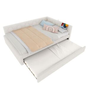 Modfu DĚTSKÁ postel z MDF a sametu 140x200 cm bílá s výsuvným lůžkem, USB a Typ-C portem, noční lampičkou obraz
