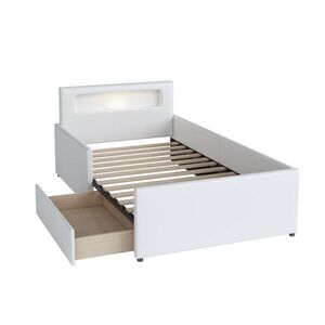 Modfu ČALOUNĚNÁ dětská postel z umělé kůže 90x200 cm bílá s LED světlem, USB portem a úložnými zásuvkami obraz