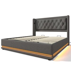 Modfu ČALOUNĚNÁ postel z bavlny 140x200 cm šedá s LED osvětlením, USB-C nabíjením a hydraulickým úložným prostorem obraz