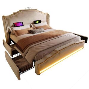 Modfu ČALOUNĚNÁ postel z veluru 140x200 cm béžová s LED osvětlením, USB a Type-C nabíjením, 4 zásuvkami obraz