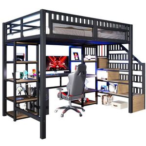 Modfu PATROVÁ postel z kovu a MDF 140x200 cm černá s psacím stolem, LED osvětlením, USB portem a úložným prostorem obraz