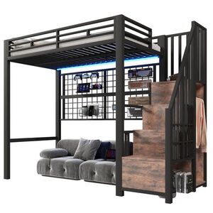 Modfu PATROVÁ postel z kovu a MDF 90x200 cm černá s úložným schodištěm, závěsnou mřížkou a LED osvětlením obraz