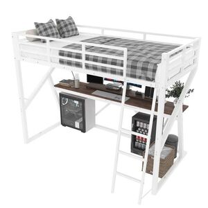 Modfu PATROVÁ postel z kovu a MDF 90x200 cm bílá s LED osvětlením, schůdky, zábradlím a psacím stolem obraz