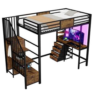 Modfu VYVÝŠENÁ postel z kovu 90x200 cm černá s psacím stolem, policemi, šatní tyčí, LED osvětlením a zásuvkou obraz