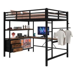 Modfu PATROVÁ postel z kovu a MDF 140x200 cm černá s LED osvětlením, psacím stolem, USB a 3 zásuvkami obraz