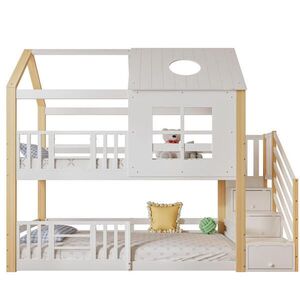 Modfu PATROVÁ postel z masivu a MDF 90x200 cm bílá/přírodní s úložnými schody, střechou, okny a zábranami obraz