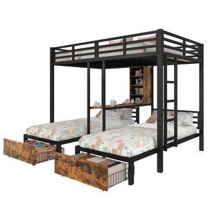 Modfu PATROVÁ postel z kovu a MDF 140x200 cm černá se 3 lůžky, bočními zábranami, úložnými přihrádkami a 2 zásuvkami obraz