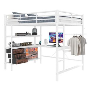 Modfu PATROVÁ postel z kovu a MDF 140x200 cm bílá s LED osvětlením, psacím stolem, USB, zásuvkou, 3 zásuvkami a policemi obraz