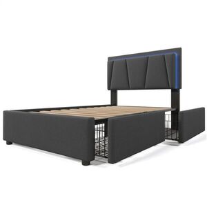 Modfu ČALOUNĚNÁ postel z lněné tkaniny 90x200 cm šedá s LED osvětlením, 2 zásuvkami, nastavitelným čelem a matrací obraz