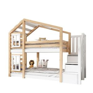 Modfu PATROVÁ postel z masivního borovicového dřeva a MDF 90x200 cm přírodní a bílá s úložným schodištěm, zábradlím a motivem domku na stromě obraz