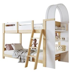 Modfu PATROVÁ postel z borovice, MDF a překližky 90x200 cm bílá/přírodní s regálem, bezpečnostním zábradlím a tříkrokovým schůdkem obraz