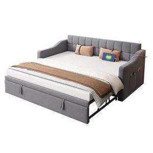 Modfu ČALOUNĚNÁ postel ze sametu 90x190 cm šedá s výsuvným lůžkem, USB porty a úložným prostorem obraz