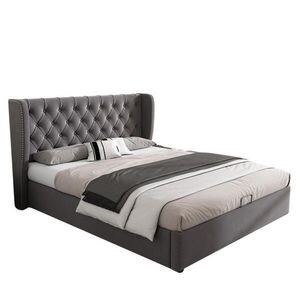 Modfu ČALOUNĚNÁ postel ze sametu 140x190 cm šedá s lamelovým roštem, hydraulickým úložným prostorem a nýtovaným čelem obraz
