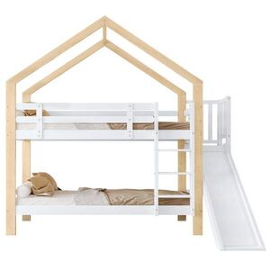 Modfu PATROVÁ postel z masivního dřeva 90x200 cm bílá/přírodní se skluzavkou, žebříkem a domečkovým provedením obraz