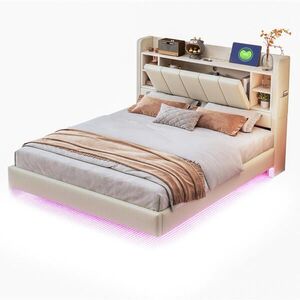 Modfu ČALOUNĚNÁ postel z lněné látky 140x200 cm béžová s LED osvětlením, USB portem a úložným prostorem obraz