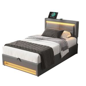 Modfu ČALOUNĚNÁ postel z PU 90x200 cm šedá s USB portem, LED osvětlením a úložným prostorem obraz