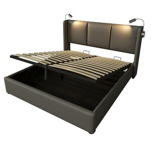 Modfu ČALOUNĚNÁ postel z PU 140x200 cm šedá s LED lampičkou, USB nabíjením a úložným prostorem obraz