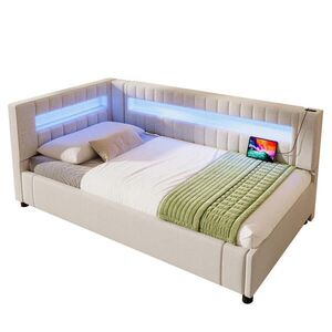 Modfu ČALOUNĚNÁ postel z lnu 90x200 cm béžová s LED osvětlením, USB, USB-C a hydraulickým úložným prostorem obraz