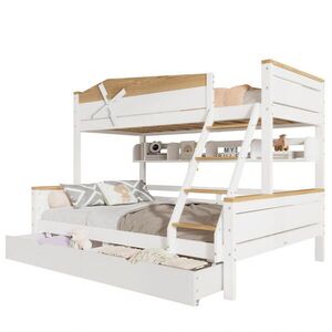 Modfu PATROVÁ postel z borovice a MDF 90x200 a 140x200 cm bílá a přírodní s regály, zásuvkami a čtyřstupňovým šikmým žebříkem obraz
