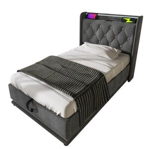 Modfu ČALOUNĚNÁ postel z lnu 90x200 cm šedá s LED osvětlením, USB a úložným prostorem obraz