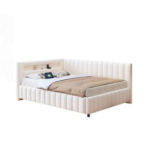 Modfu ČALOUNĚNÁ postel z sametové tkaniny 140x200 cm béžová s LED osvětlením, USB portem, opěrkou a stabilním lamelovým roštem obraz