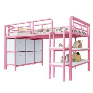 OKWISH DĚTSKÁ vysoká postel 207/105/107, 5 cm bílá/růžová s úložným prostorem z kovu a MDF obraz