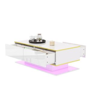 Modfu KONFERENČNÍ stolek z dřevotřísky 100x50x40 cm bílý/zlatý s LED osvětlením a 3 zásuvkami, vysoký lesk obraz