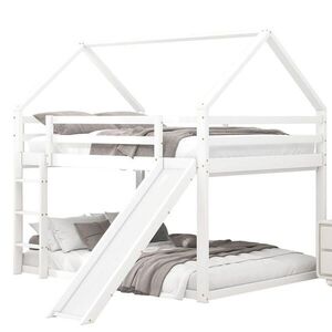 OKWISH PATROVÁ postel s domečkem 140/200 cm bílá z borovice a MDF se skluzavkou a žebříkem obraz