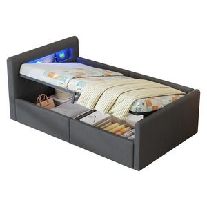 OKWISH ČALOUNĚNÁ postel 90/200 cm tmavě šedá z sametu s LED osvětlením, USB a úložným prostorem obraz
