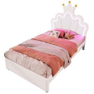 OKWISH POSTEL 90/200 cm bílá z PU a MDF s nastavitelným čelem, LED osvětlením a 2 zásuvkami obraz