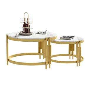Modfu KONFERENČNÍ stolek z MDF a kovu 71x71x44 cm bílý v mramorovém dekoru, zlatý, nestovatelná sada 2 ks obraz