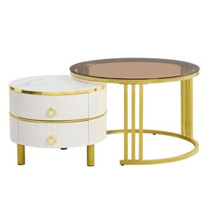 Modfu SADA konferenčních stolků z MDF a skla 70x70x45 + 50x50x40 cm bílá se 2 zásuvkami, kulatý 2dílný set obraz