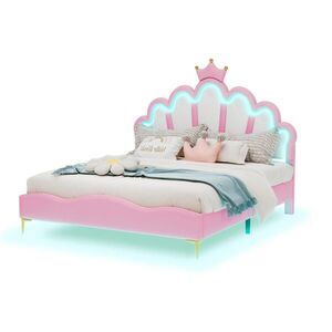 OKWISH POSTEL 140/200 cm růžová z PU kůže s LED osvětlením a korunkovým čelem obraz