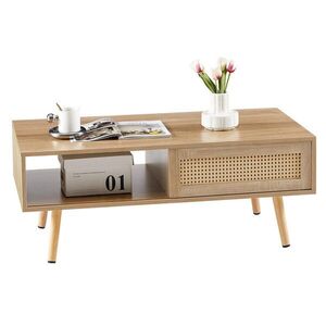 Modfu KONFERENČNÍ stolek z MDF 105x55x40 cm přírodní s ratanovými posuvnými dvířky a úložným prostorem obraz