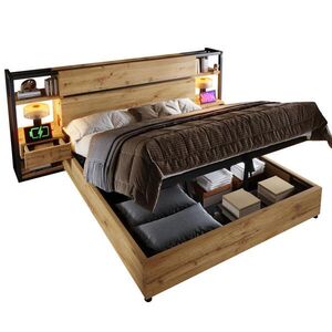 Modfu DVOJLŮŽKOVÁ postel z MDF a kovu 180x200 cm dubová s úložným čelem, USB a Type-C nabíjením obraz