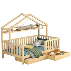 OKWISH DĚTSKÁ postel domeček 90/200 cm přírodní z borovice s úložnými zásuvkami a policí obraz