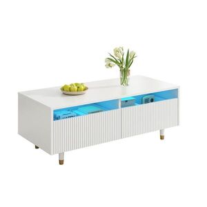Modfu KONFERENČNÍ stolek z MDF 110x50x40 cm bílý se 2 zásuvkami a LED osvětlením, vlnitý design obraz
